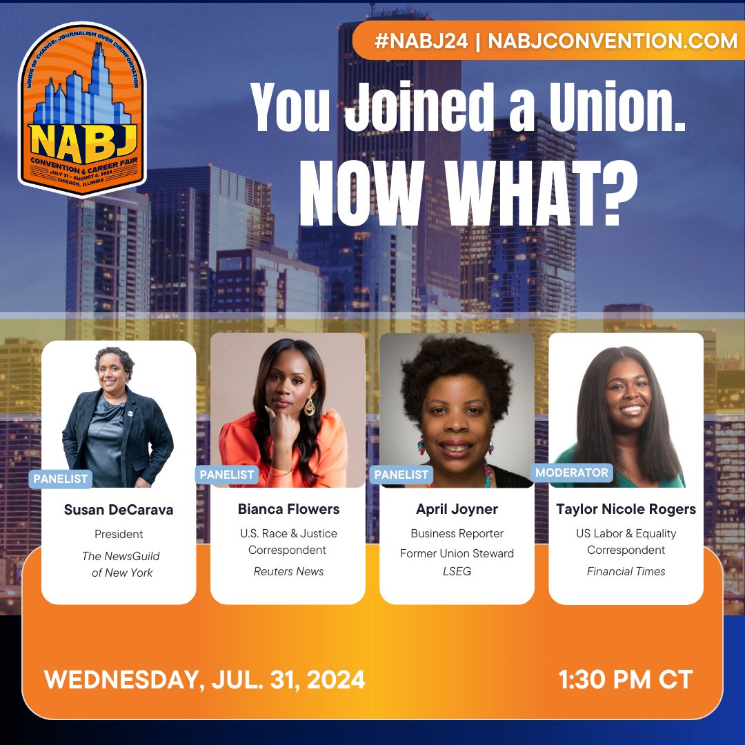 NABJ Business Journalism Task Force (@nabjbiz) on Twitter photo #HotStrikeSummer may be over but labor is still heating up.
We've assembled a panel of union organizers and reporters covering the movement for what is guaranteed to be an interesting discussion ft <a href="/aprjoy/">April Joyner</a> <a href="/TaylorNRogers/">Taylor Nicole Rogers</a> <a href="/biancashamell/">Bianca Flowers</a> and <a href="/nyguild/">NewsGuild of New York</a> Pres <a href="/susandecarava/">Susan DeCarava</a> #NABJ24 #HotStrikeSummer may be over but labor is still heating up.
We've assembled a panel of union organizers and reporters covering the movement for what is guaranteed to be an interesting discussion ft <a href="/aprjoy/">April Joyner</a> <a href="/TaylorNRogers/">Taylor Nicole Rogers</a> <a href="/biancashamell/">Bianca Flowers</a> and <a href="/nyguild/">NewsGuild of New York</a> Pres <a href="/susandecarava/">Susan DeCarava</a> #NABJ24