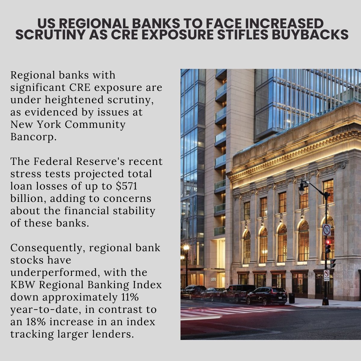 Jwmullensummer's tweet photo. US regional banks are expected to increase their loan loss reserves and remain cautious on stock buybacks due to ongoing pressures from CRE loans, which are projected to impact earnings throughout 2024. 
https://t.co/O36AANdYIC https://t.co/d6l1u4wOW4