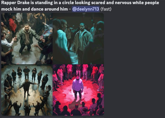 Midjourney chat rooms are so wild. There's this dude mocking Drake and it is just so on point.