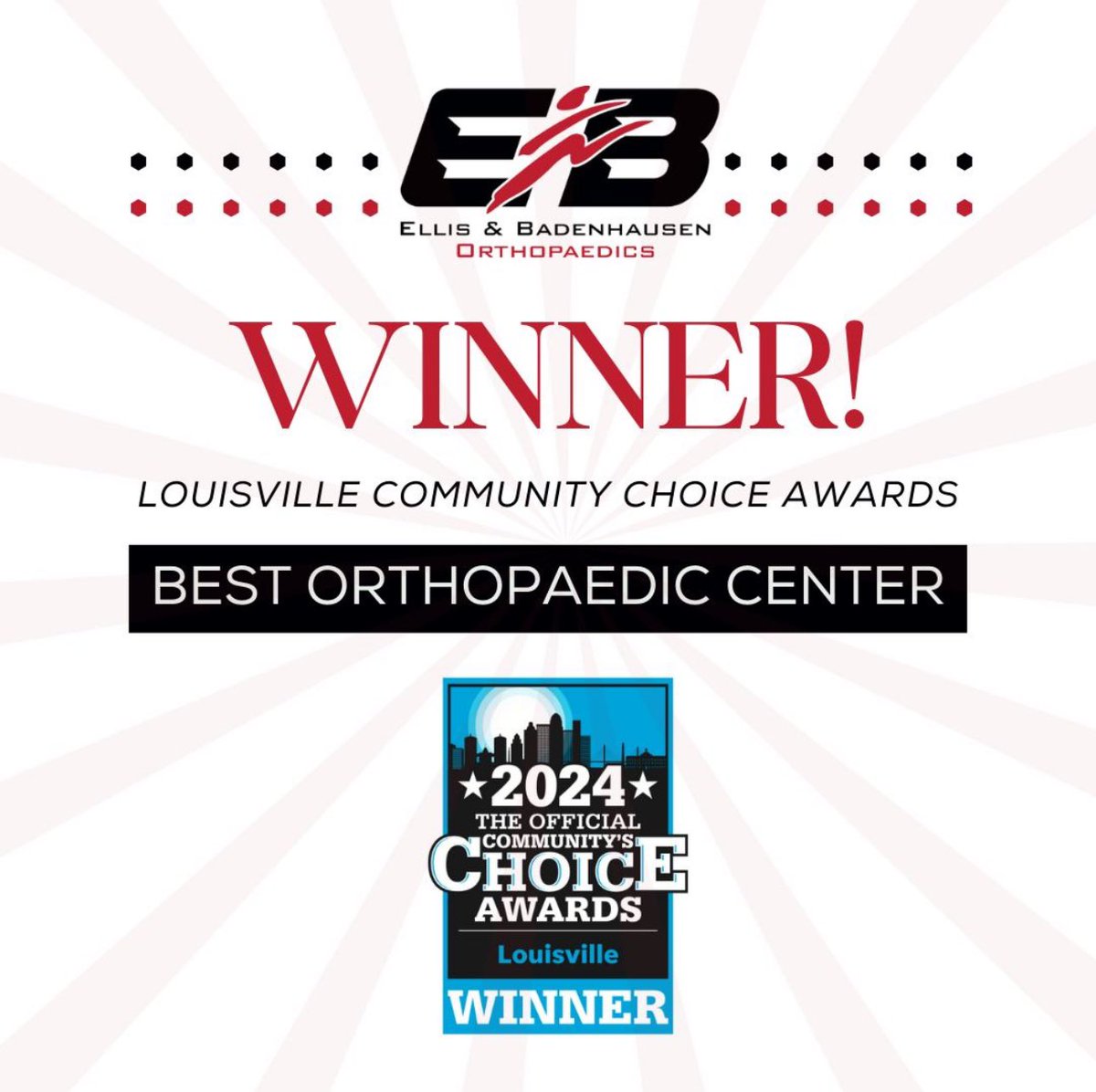 Thanks to everyone who voted for E&amp;B as Louisville's Best Orthopaedic Center in the <a href="/courierjournal/">Courier Journal</a> Choice Awards! 🙏 🏆 Getting to help our community means the world to us.