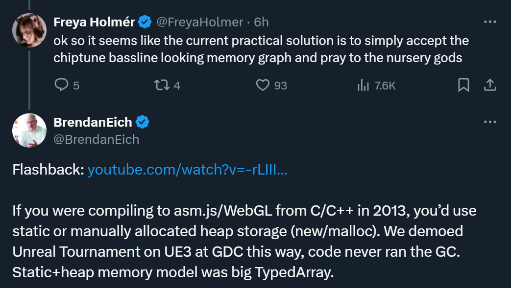 FreyaHolmer's tweet image. you ever just ramble about js like a doofus when suddenly the fucking *creator* of javascript shows up?? 🫥