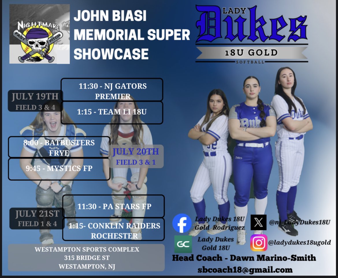 We’re staying in NJ this weekend!! Come check us out! 
AVAILABLE:
2025 P/1B
2025 MIF/3B (Sunday)
2026 C/3B
2026 P/OF