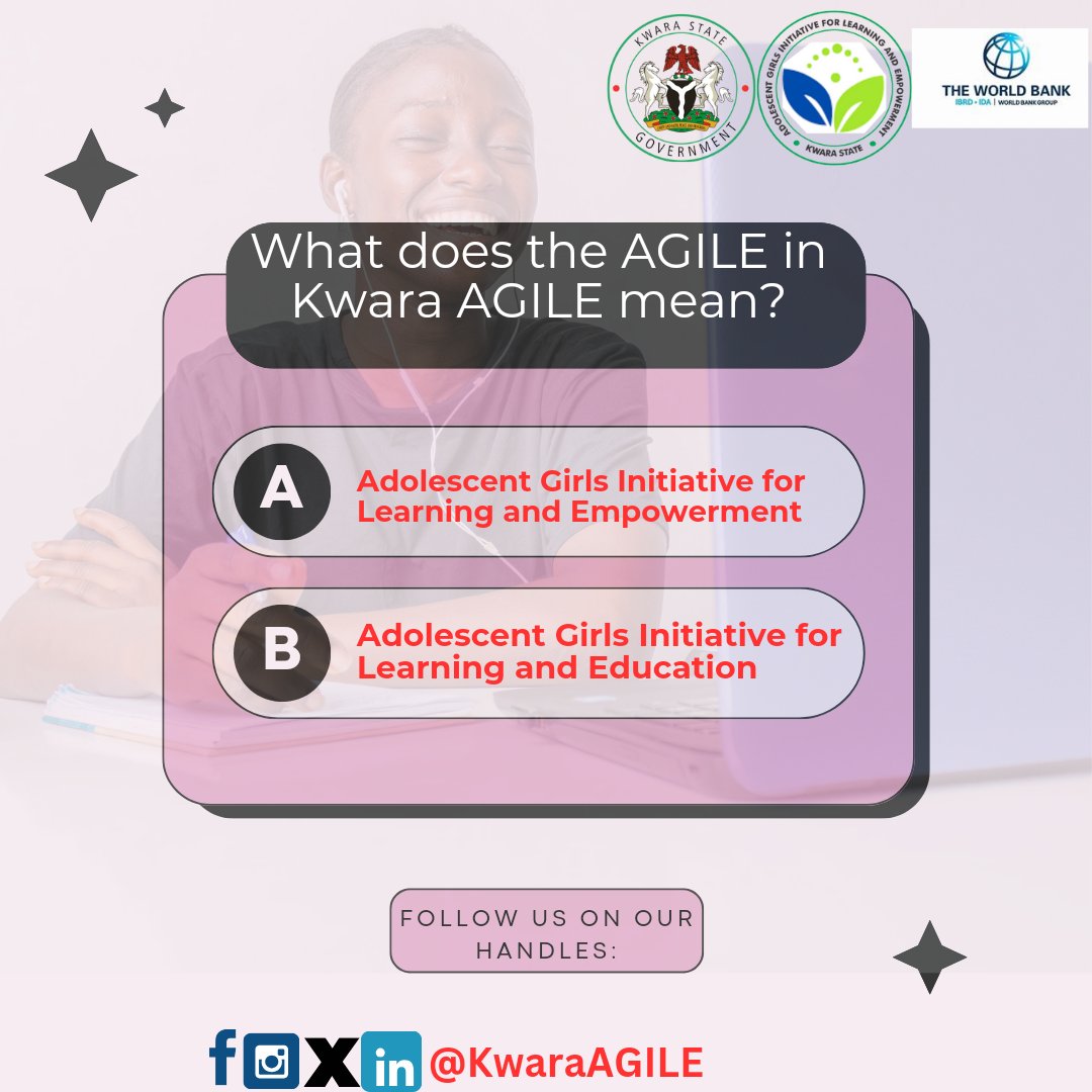 Pray tell, what is the full meaning of the  'AGILE' in Kwara AGILE?   😁

How well do you know us? 

A or B?

Who is our winner? 

<a href="/followers/">はうはう</a> 

#KwaraAGILE
#Poll
#Fun