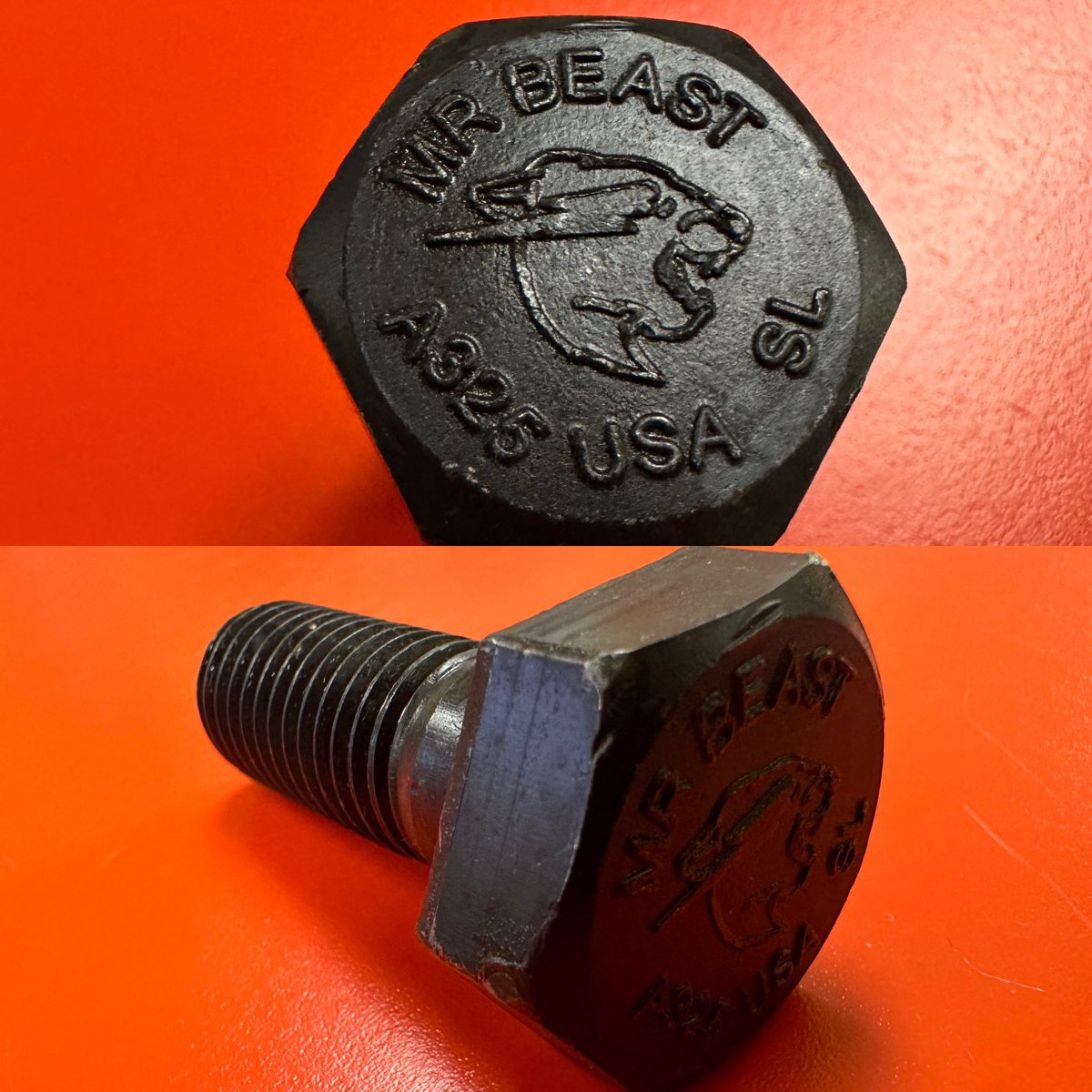 SLBolts's tweet photo. This was a challenging head stamp to design.
@MrBeast ask and you shall receive, coming soon to your project!

Curious for your project?  Want to create a great memory for a topping out?  Just give us a call or send us a message about our custom logo structural bolts.

#customorder #madetoorder #madeinusa #steelfabricators #steel #structuralsteel