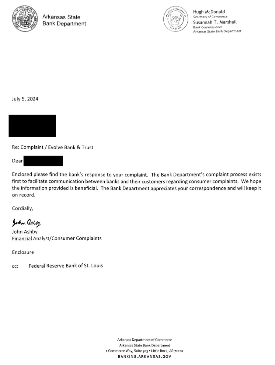 mikulaja's tweet photo. Here's the "end user" experience:

-Complain to the FRB, Evolve's primary fed regulator, who tells them to call Arkansas

-Arkansas takes the complaint, forwards it to Evolve

-Evolve says "we're not a program bank, call FINRA"

-FINRA has no authority to do anything https://t.co/r273cC5RRn