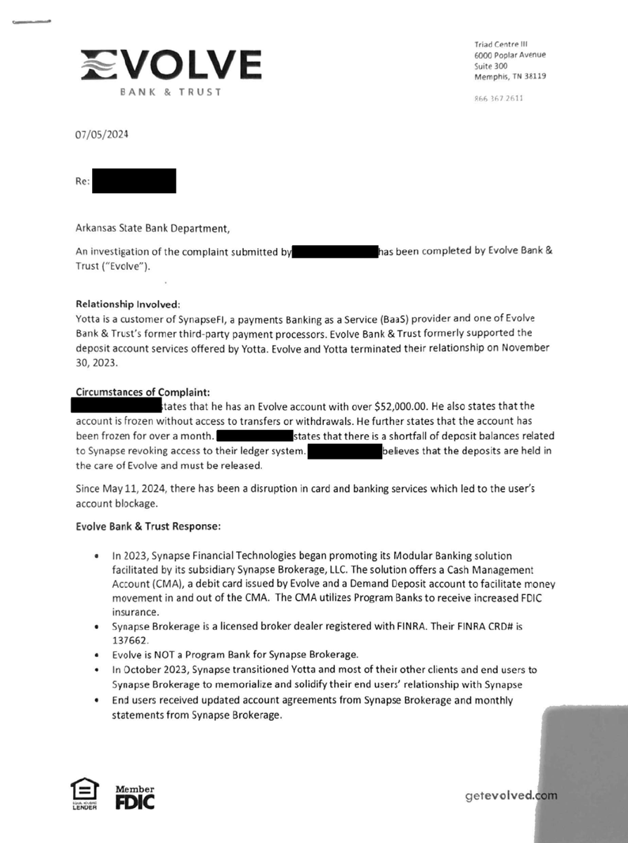 mikulaja's tweet photo. Here's the "end user" experience:

-Complain to the FRB, Evolve's primary fed regulator, who tells them to call Arkansas

-Arkansas takes the complaint, forwards it to Evolve

-Evolve says "we're not a program bank, call FINRA"

-FINRA has no authority to do anything https://t.co/r273cC5RRn
