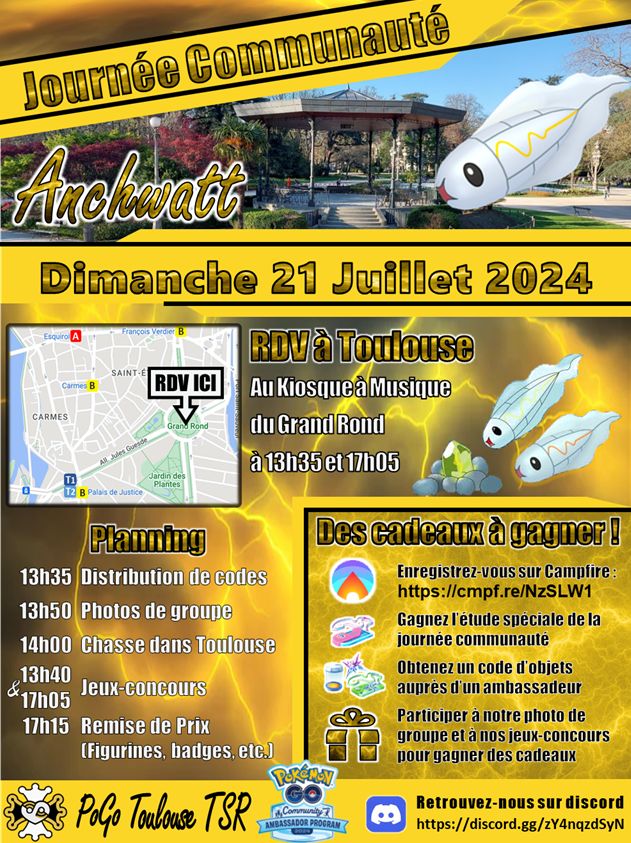 PoGoToulouseTSR's tweet photo. Nous vous donnons rendez-vous ce dimanche à 13h35 et 17h05 au Kiosque à Musique du Grand Rond pour la journée communauté Anchwatt✨!
Retrouvez plus d'info sur l'affiche et dans notre rencontre Campfire (https://t.co/gMGkWBYF6z) 😉
#PokemonGOCommunityDay #CommunityAmbassador https://t.co/YW920qKJy5