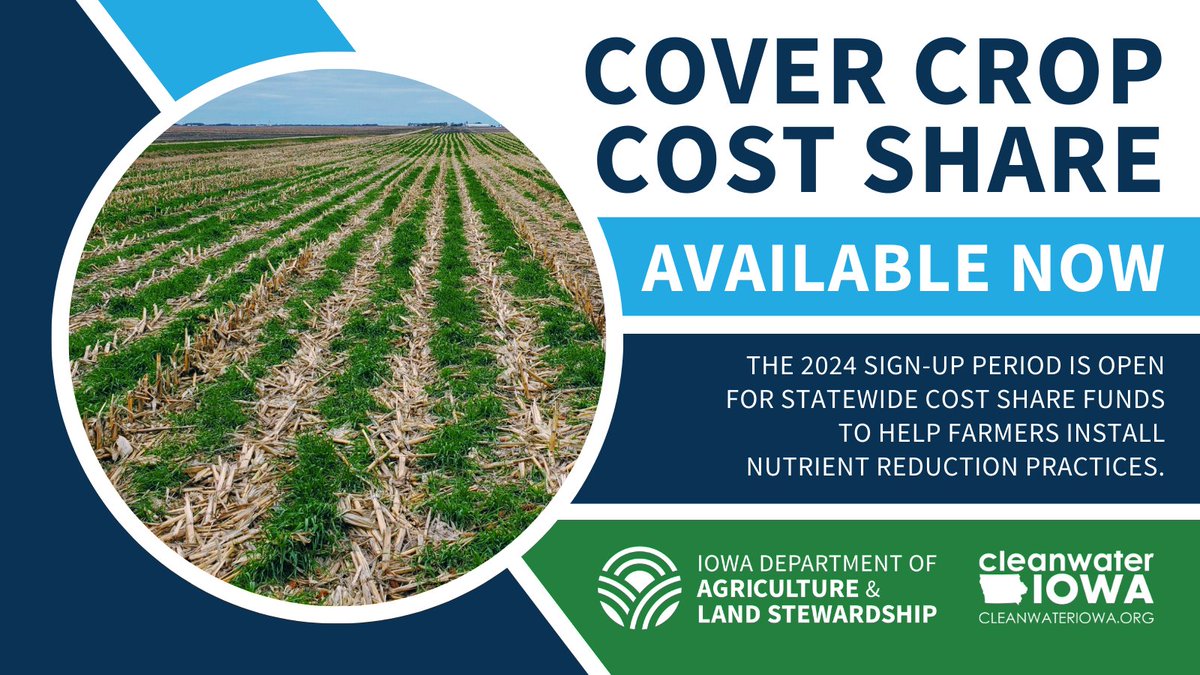 IADeptAg's tweet photo. Iowa has nearly 4 million acres of cover crops! Sign up for cover crop cost share assistance. New farmers may receive up to $30/acre in cost share assistance &amp;  returning farmers up to $20/acre. Stop by your local SWCD office/USDA Service Center.
https://t.co/LXfgNMAs91 https://t.co/plbxTEvJMe