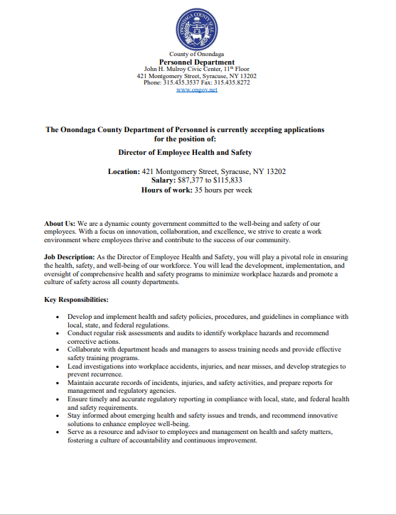 OnondagaCareers's tweet photo. Join Our Team! The Onondaga County Personnel Department is hiring for Director of Employee Health &amp; Safety Opportunity. See the job posting below for more info on how to apply! ⬇️📝 https://t.co/UohMN2nK13