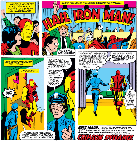 MarvelADay's tweet photo. #MarvelADay #IM72 And the crowd goes wild! Iron Man averts disaster but loses his badge during the fight. He's promptly escorted off the premises, thus ending our issue. Be here tomorrow as I cover the start of a Captain Marvel run! - VA https://t.co/sJtcDnuSzr