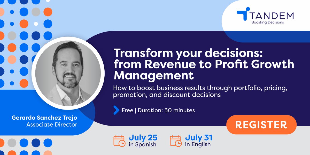 Join us in this webseminar where we'll analyze the evolution of #RevenueGrowthManagement towards a comprehensive practice that impacts #Profits through decision-making &amp; the contribution of #AI to optimize this approach.​

SPA: bit.ly/3zMJuxW
ENG: bit.ly/4d7HpLA