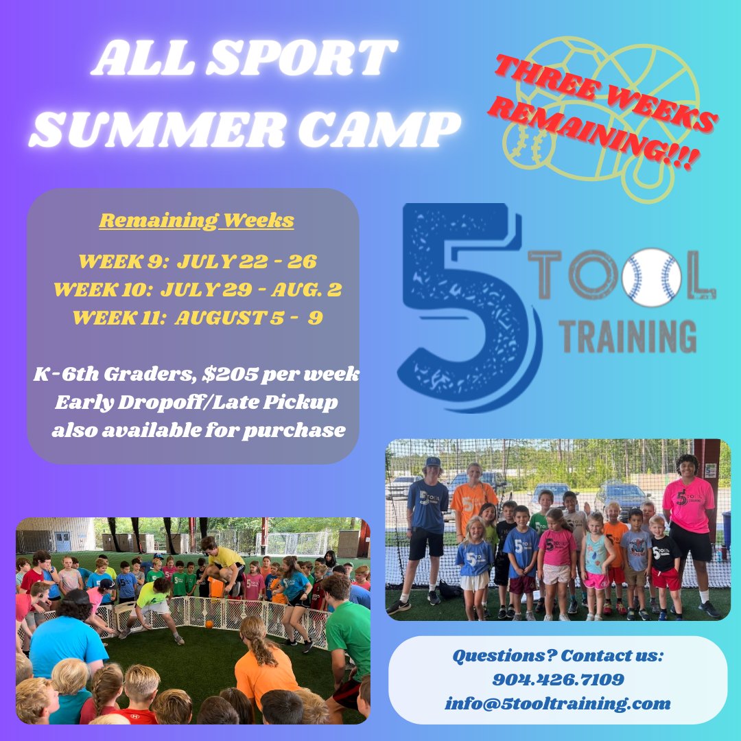 Only 3 WEEKS LEFT of summer camp!!! We still have openings for our final few weeks of summer here at 5 Tool!

Sign up today through our website at 5tooltraining.com or call us at 904.426.7109. Hope to see you all here soon!

#summer #camp #jacksonville #duval #kids #sports