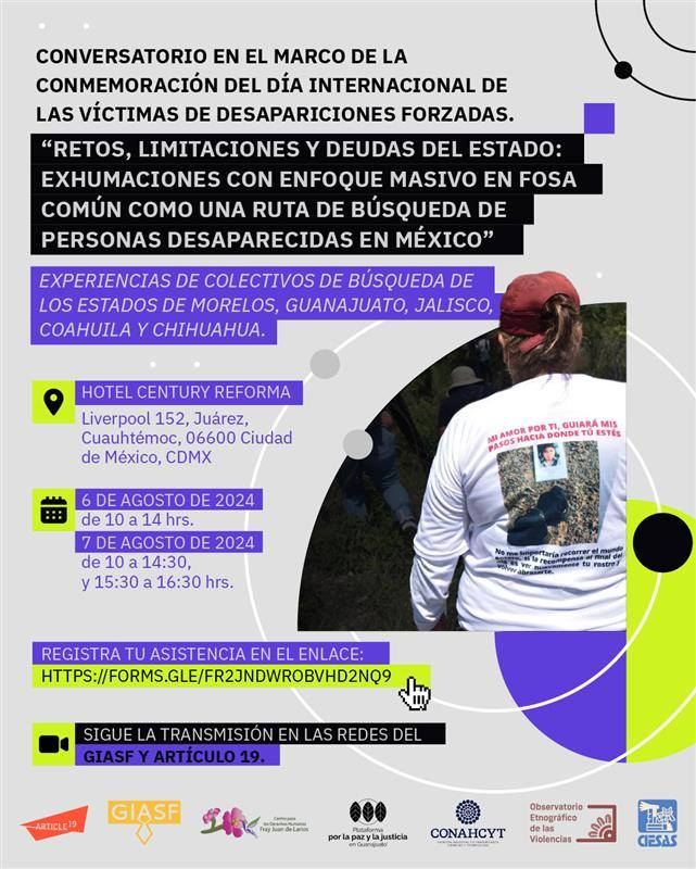 plataformagto's tweet photo. 📢 Conversatorio "Retos, Limitaciones y Deudas del Estado: exhumaciones con enfoque masivo en fosa común como una ruta de búsqueda de personas desaparecidas en México" @article19mex @FrayJuanLarios #GIASF
🗓️6 y 7 de agosto
📍Century Reforma
🖊️Registro: https://t.co/x1verdS51V https://t.co/s4Ir63GbKY