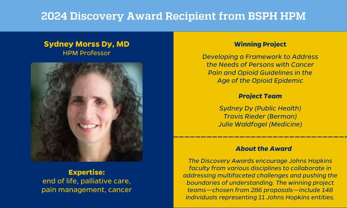 BSPH / HPM (@bsph_hpm) on Twitter photo Congratulations to HPM Professor Sydney Dy as well as her team members @BermanInstitute Associate Research Professor @TNREthx and <a href="/HopkinsMedicine/">Johns Hopkins Medicine</a> Clinical Pharmacy Specialist Julie Waldfogel for being recipients of the 2024 Discovery Award!
Learn more: hub.jhu.edu/2024/06/20/joh… Congratulations to HPM Professor Sydney Dy as well as her team members @BermanInstitute Associate Research Professor @TNREthx and <a href="/HopkinsMedicine/">Johns Hopkins Medicine</a> Clinical Pharmacy Specialist Julie Waldfogel for being recipients of the 2024 Discovery Award!
Learn more: hub.jhu.edu/2024/06/20/joh…