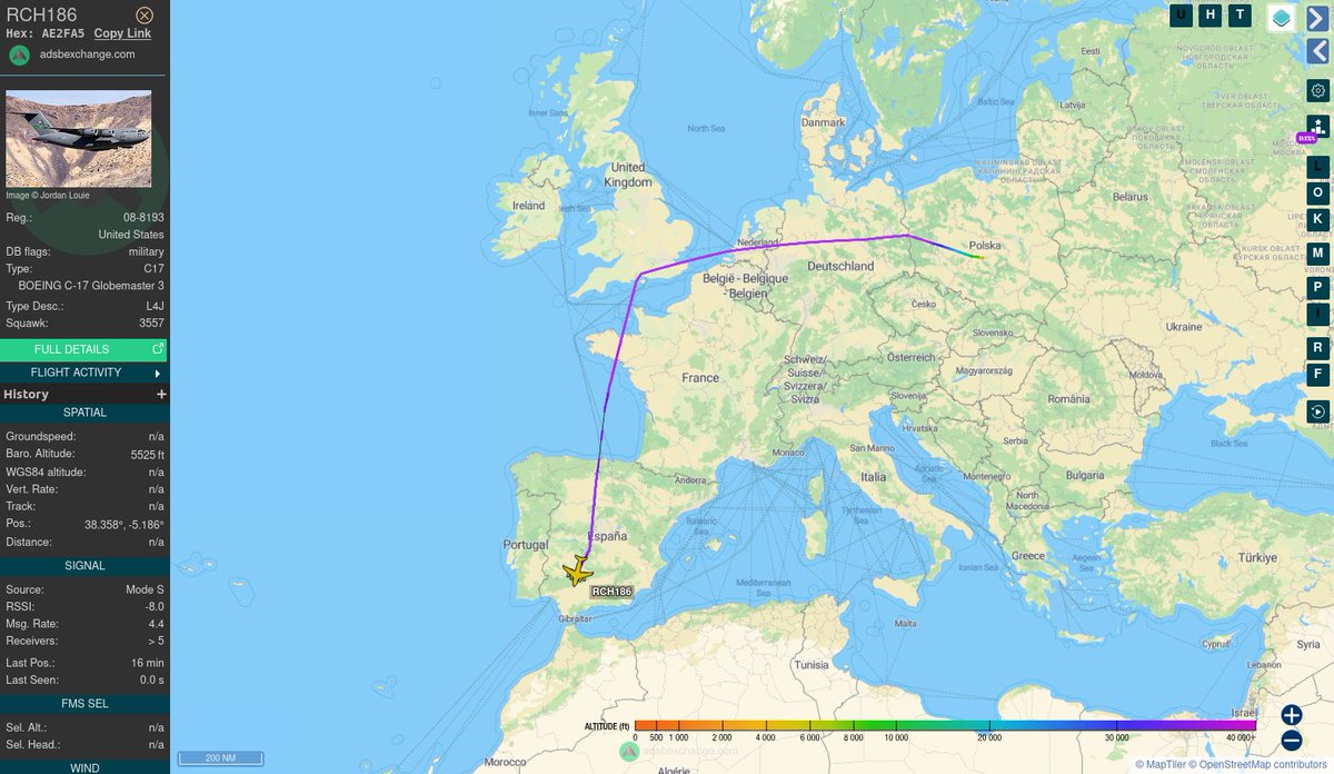 TheIntelFrog's tweet photo. US Air Force C-17A Globemaster III #AE2FA5 on a flight from Poland to Spain.  

Any one have any idea why it took such a round about route? https://t.co/WZKTqTGmMf