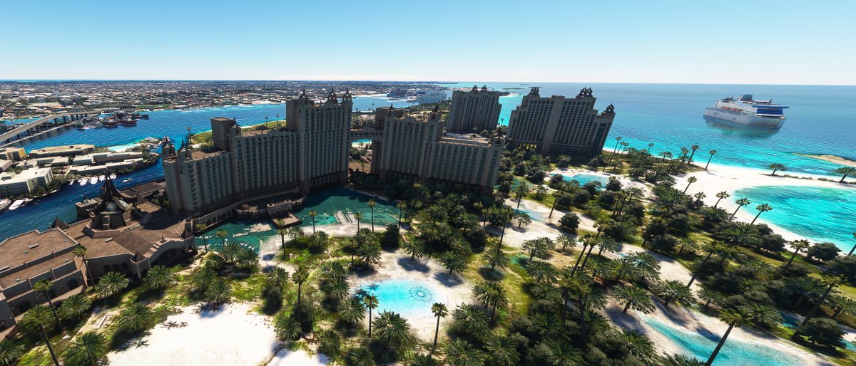cmdrexorcist's tweet image. I'm officially on vacation, so I decided to fly to one of my real-world favorite getaways in @MSFSofficial: Nassau! I hope the harbor patrol doesn't mind me parking so close to Atlantis. ;) #MSFlightSim