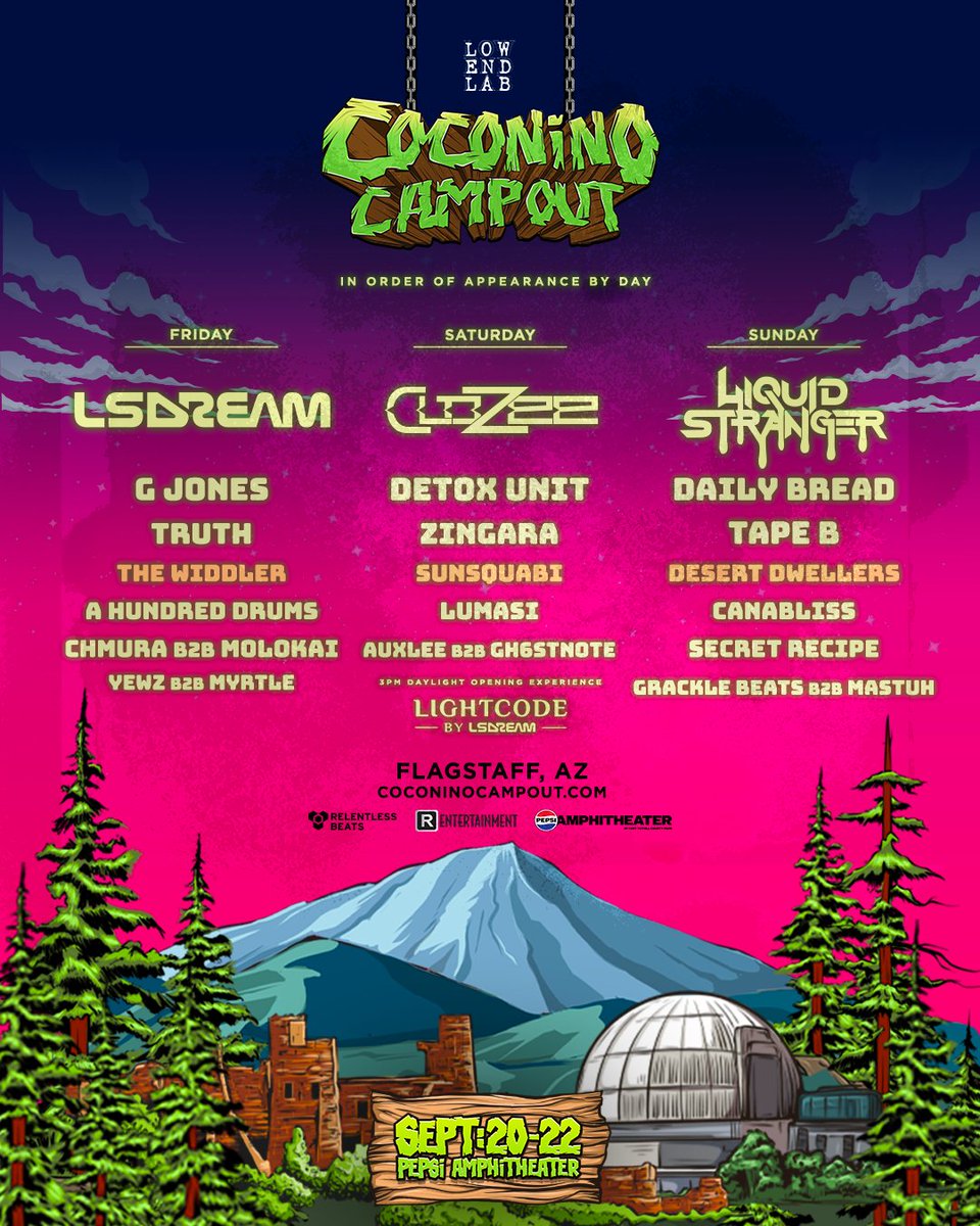 Coming at you hawt with the lineup by day for Coconino Campout this September 🌲 Single day tickets go on sale Friday at 10am PT — payment plans are ending soon, so lock in your tickets stat 🎟️ CoconinoCampout.com