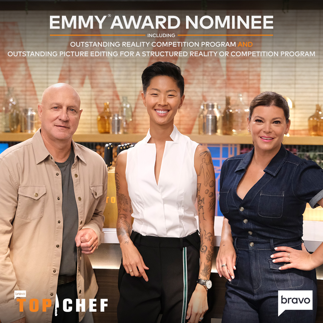 BravoTopChef's tweet photo. #TopChef is celebrating 3 #Emmy nominations! Cheers to the team behind this tremendous achievement:
⭐ Outstanding Reality Competition Program
⭐ Outstanding Host For a Reality or Competition Program
⭐ Outstanding Picture Editing For A Structured Reality or Competition Program https://t.co/5XeowTDRkr
