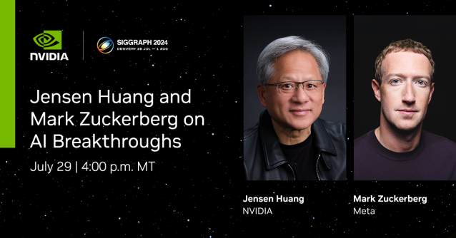yagrawal's tweet photo. Don't miss NVIDIA CEO Jensen Huang and Meta CEO Mark Zuckerberg as they discuss how fundamental research is enabling #AI breakthroughs at #SIGGRAPH2024. https://t.co/X1c3MTrUvg https://t.co/99vTd6yawb