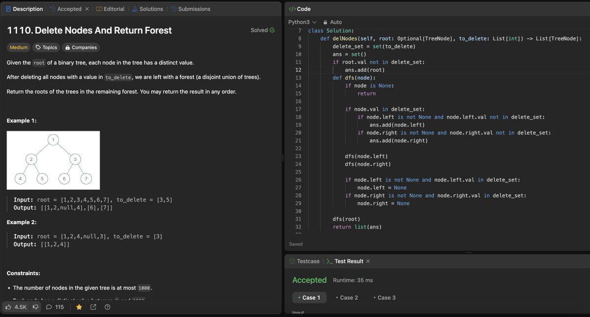khan20251998's tweet image. 🚀Day 33 of #100DaysOfLeetcode
Solved POTD: 1110. Delete Nodes And Return Forest
#Leetcode #Python #DSA