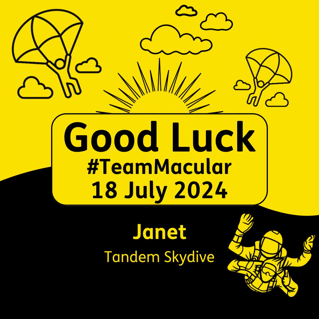 A huge 🍀 Good Luck 🍀 and safe landings to <a href="/MacularSociety/">Macular Society</a> fundraiser, Janet, who is taking to the skies tomorrow for her tandem skydive!

You can read more about Janet’s story and support her fundraising ➡️ justgiving.com/page/janet-bur…