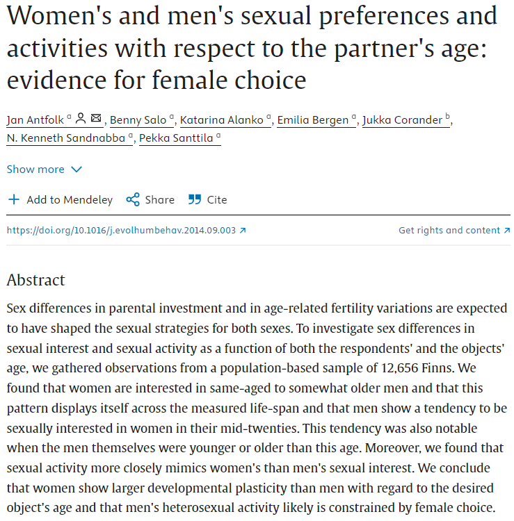 MojcaSvetek's tweet photo. Despite men's preferences, actual sexual activity and marriage statistics align closely with the preferences of women (women tend to prefer men who are the same age to slightly older). 
Study concludes: "Men's heterosexual activity is likely constrained by female choice." https://t.co/K30nhlHD06