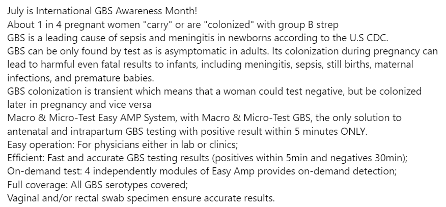 MacroMicroTest's tweet image. Macro & Micro-Test Easy AMP System, with Macro & Micro-Test GBS, the only solution to antenatal and 
Operation video:
youtube.com/watch?v=VOSLmV…
#GBS #streptococcus #sepsis #newborn #pneumonia #early #birth #meningitis #macromicrotest #mmtest #mm