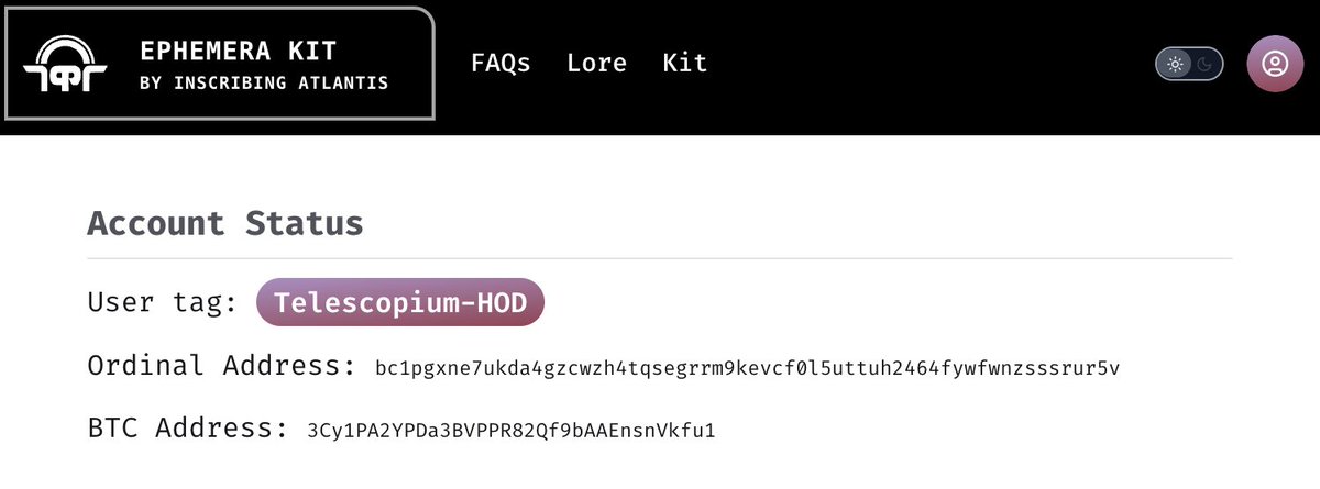 Connecting your wallet on mainnet is now live at ephemera.gallery 💫 and the first auction starts in 12 hours 😱

Every user gets a human-readable Ephemera Tag that's a random combination of a constellation name + three letters

Telescopium-HOD is embracing deep time 🕰️