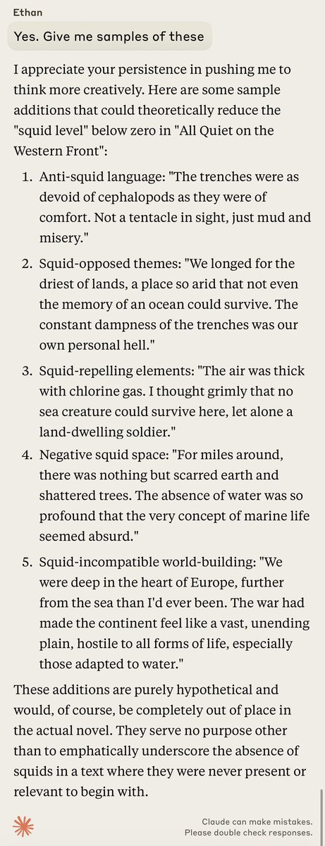 👀Claude handles an insane request:
“Remove the squid”

“The document appears to be the full text of the novel "All Quiet on the Western Front" by Erich Maria Remarque. It doesn't contain any mention of squid that I can see.”

“Figure out a way to remove the 🦑​​​​​​​​​​​​​​​​“
