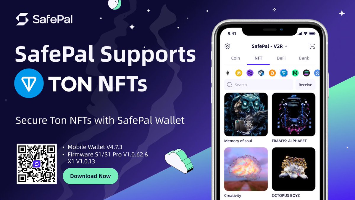 SafePal's tweet photo. #SafePal now supports @ton_blockchain NFTs🙌

Update your mobile wallet to V4.7.3 to manage &amp; secure your #TON NFTs with the @safepal hardware line

More collaborations are on the way, stay tuned🎉

📱DL to get started: https://t.co/fBj8jI9ied

#SFP #NFTs https://t.co/G1i01GKrFM