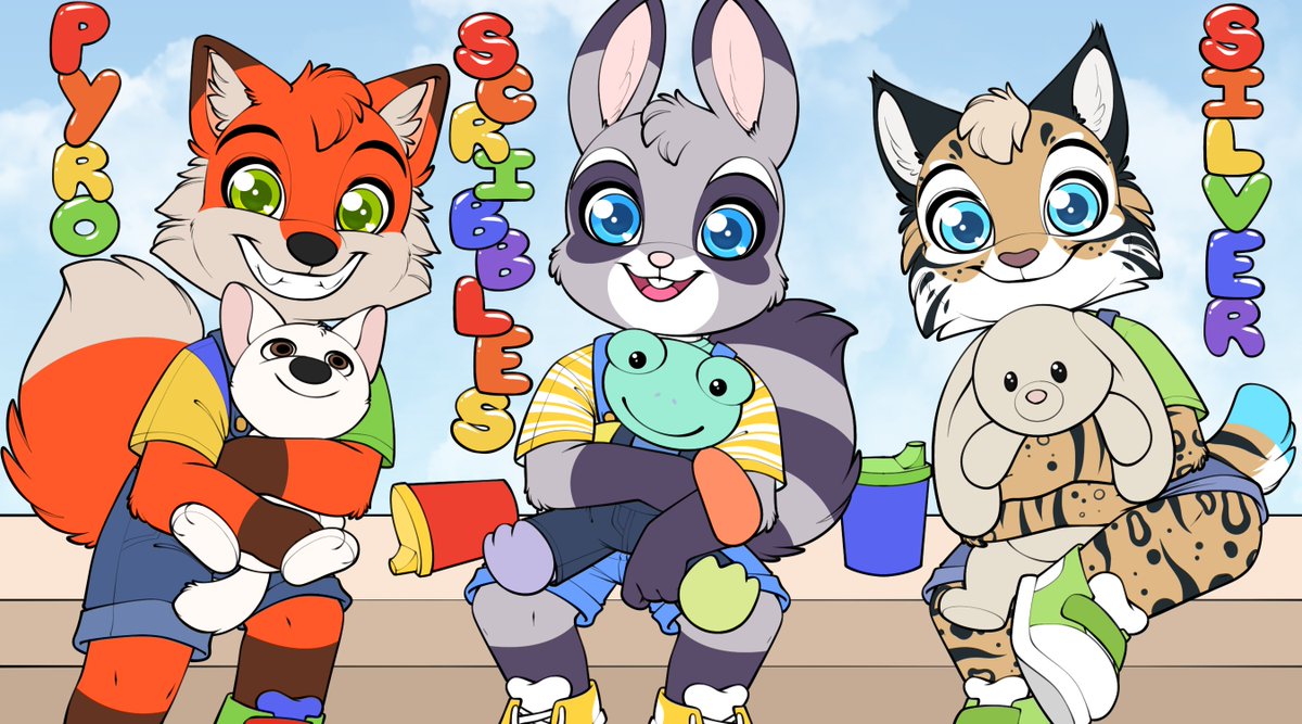 ScribblesBnuuy's tweet photo. At Anthrocon, someone saw Me, @BabbFox, and @thatbabybobcat dressed in our Little outfits, and said: "You look cute, can I take a Polaroid?" - its a super sweet memory that makes me tear up with joy, so I asked 🎨@MuffinScribbles to recreate it with our sonas - TYSM! 🦊🐰😺 https://t.co/gNkQe6orI3