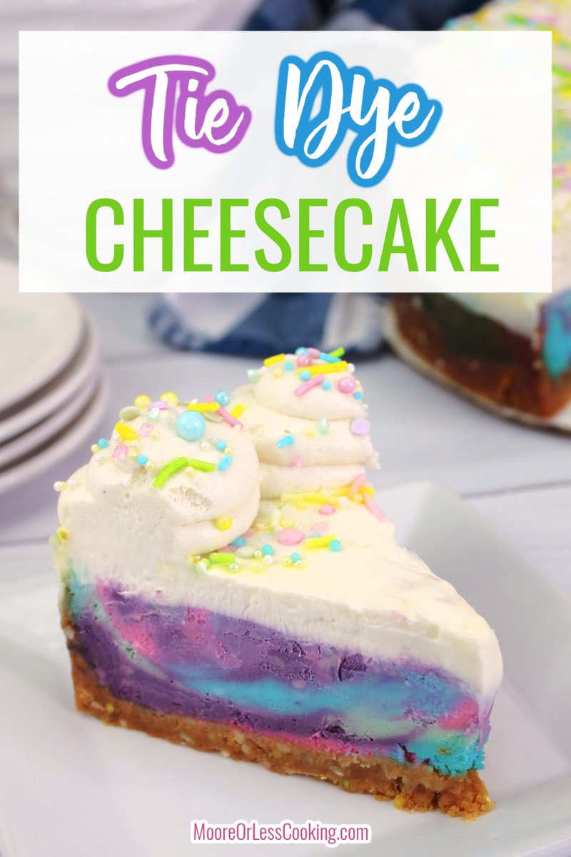 Sitting on a golden Oreo crust is a delectable tie-dye cheesecake beautifully swirled in deep pastel shades and coated with a sour cream topping before being decorated with whipped cream and sprinkles. Recipe: mooreorlesscooking.com/tie-dye-cheese…
