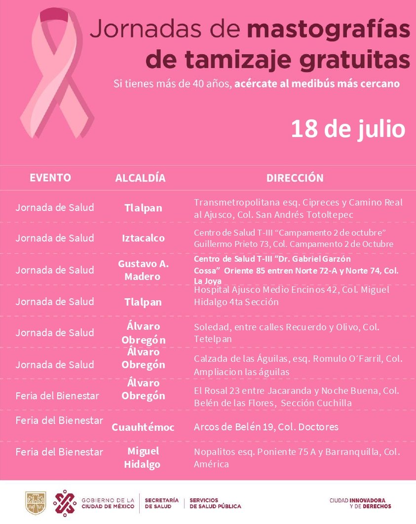 SSaludCdMx's tweet photo. 🩷Mañana tendremos el servicio gratuito de mastografías en las siguientes sedes. ¡Acude a la de tu preferencia!
.
👩🏽👵🏽Si tienes entre 40 y 69 años realízate este estudio una vez al año y súmale la autoexploración mensual.

⏰De 10 a 14 horas 

#ContraElCáncerYoActúo https://t.co/WAfZHsY4Uj