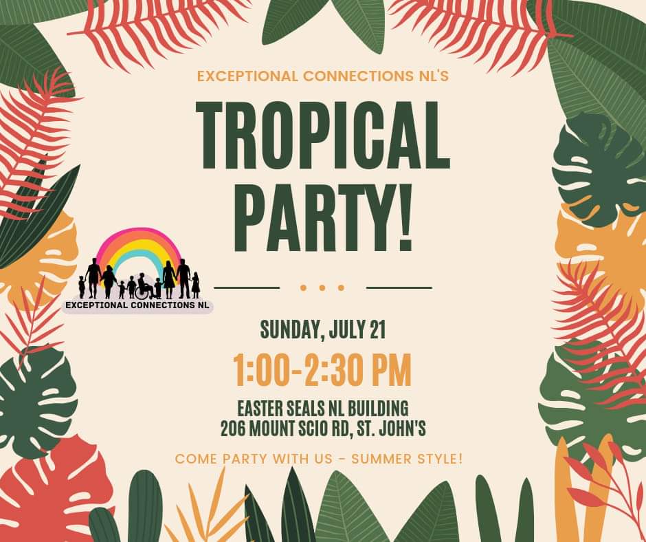 Sunday, July 21, join us 1-2:30 pm for a Tropical Party!! 🌴

Our event is free for all ages, all abilities, and all exceptionalities! We welcome everyone. We create safe spaces for the neurodiverse and disability community and their families to come be their amazing selves! 🥰