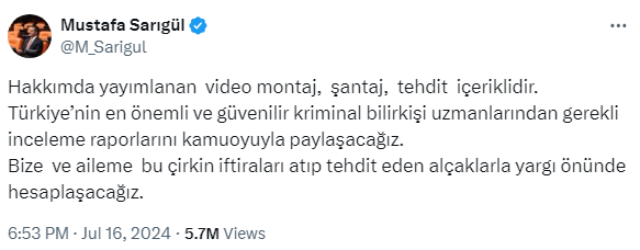 AnketSaati's tweet photo. Mustafa Sarıgül

"Hakkımda yayımlanan  video montaj,  şantaj,  tehdit  içeriklidir." https://t.co/Y9njmz0e04