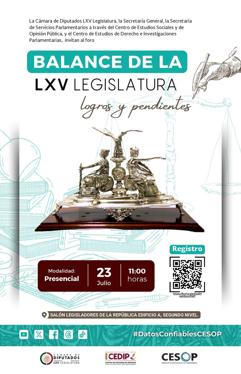 CEDIP_Oficial's tweet photo. Participa en el foro "Balance de la LXV Legislatura. Logros y pendientes." Que el #CEDIP y el @CesopMx realizarán este 23 de julio.

🕰️11:00 hrs.
📱Escanea el código QR para registrarte al evento. https://t.co/8cvT5nCRs1