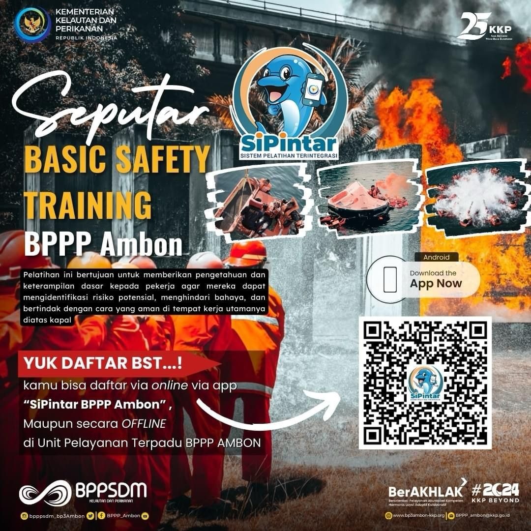 bppsdm_bp3ambon's tweet photo. Sahabat #minamania, butuh sertifikat BST untuk buku pelaut? Daftar offline di BPPP Ambon atau online lewat aplikasi SiPintar di Playstore. Yuk daftar BST di BPPP Ambon!
#2024KKPBeyond
#EkonomiBiru
#MenteriKKP
#BPPSDMINFINITY
#SDMUnggul
#BP3Ambon
#BST
#BasicSafetyTraining https://t.co/hGgEhkwebh