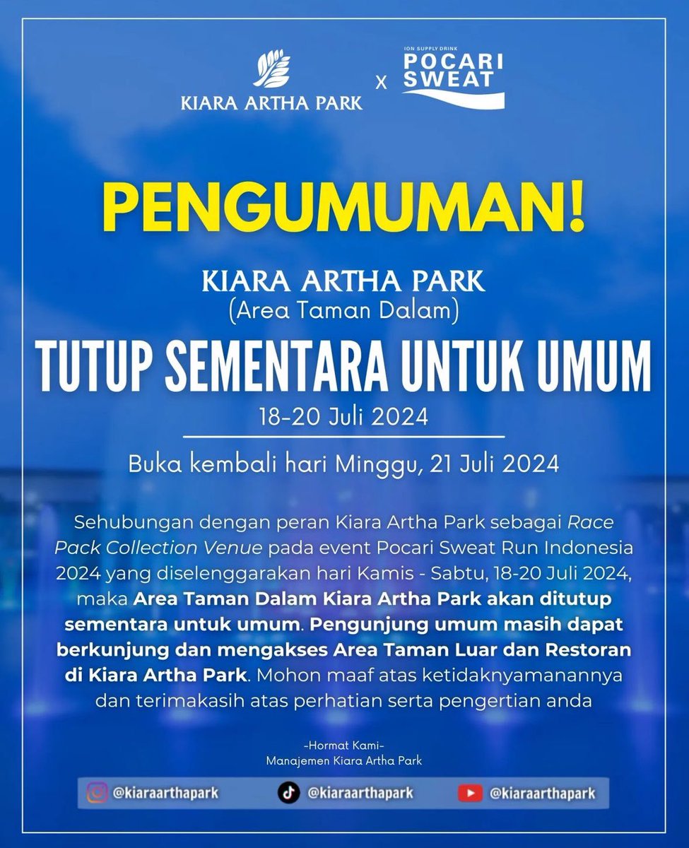 Mulai 18-19 Juli 2024 Kiara Artha Park ditutup sementara untuk umum karena sedang menjadi venue pengambilan Race Pack Pocari Run. Dan akan dibuka kembali hari minggu 21 Juli 2024 #infoBDG
