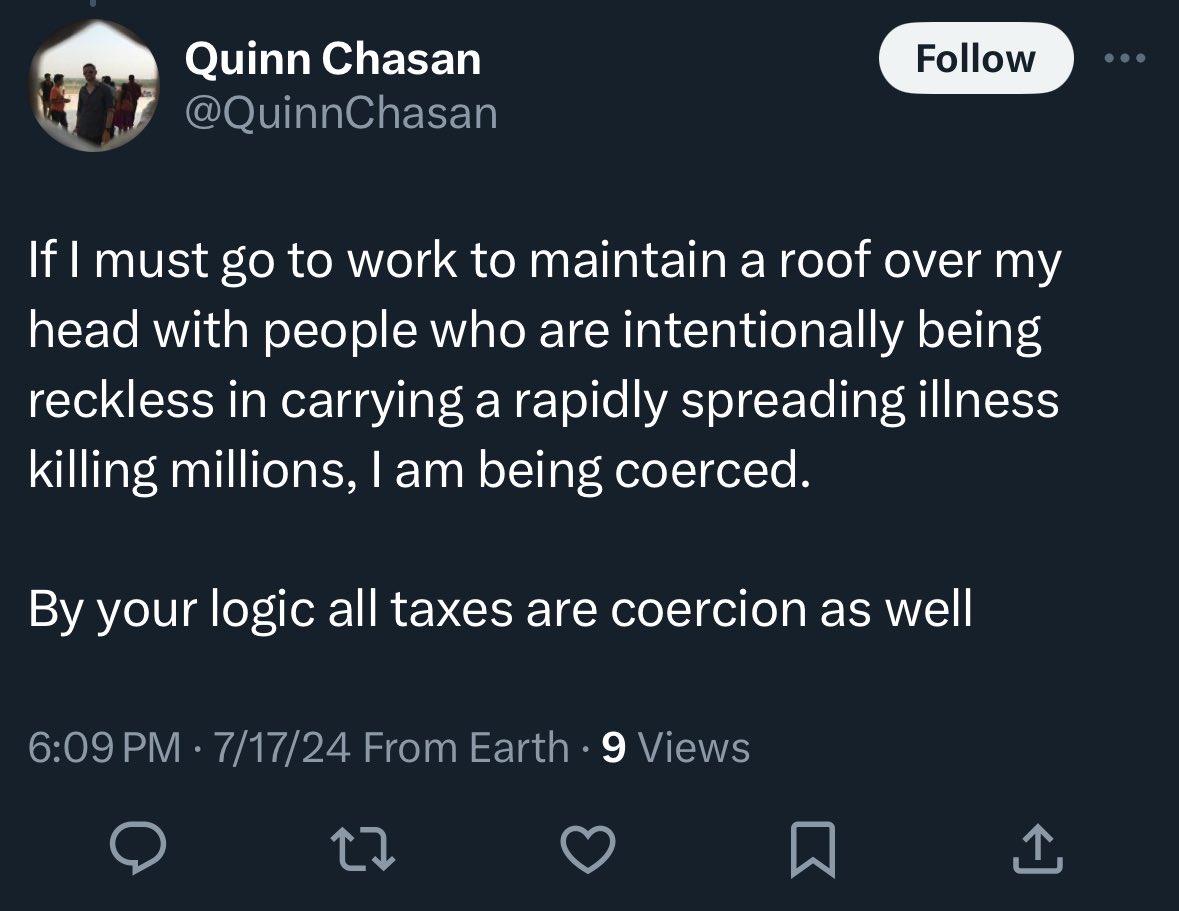 bowtieddude's tweet photo. Dude thought he had me with “you think taxes are coercion”

Uh yeah man! If you don’t pay they put you jail. That isn’t a simple incentive that is coercion

Is coercion only gun to the head “do what I say or die” to this guy? https://t.co/OsRFUX1Zyg