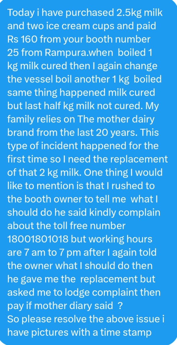 harshkumar1987's tweet photo. I bought milk on July 2 kg around 8:15 pm. After 15 minutes it curdled lodge via dm on twitter they responded nicely and quickly told the concerned team to contact me but nobody contacted me no resolution provided i called toll free no. No satisfactory response @crmMotherDairy https://t.co/mKwPfgli4a