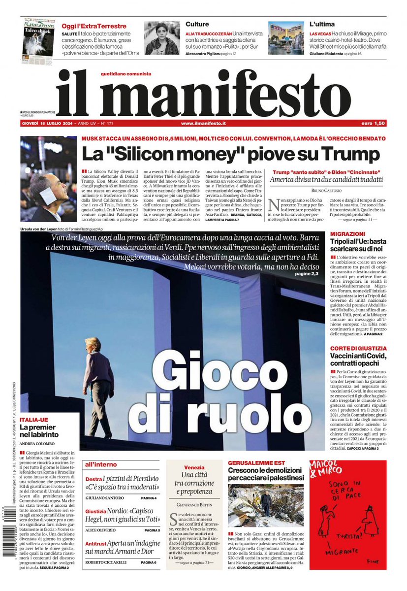 Von der Leyen oggi alla prova dell’Eurocamera dopo una lunga caccia al voto. Barra a destra sui migranti. Ppe nervoso sull’ingresso degli ambientalisti in maggioranza, Socialisti e Liberali in guardia sulle aperture a Fdi. Meloni vorrebbe votarla, ma non ha deciso
#primapagina
