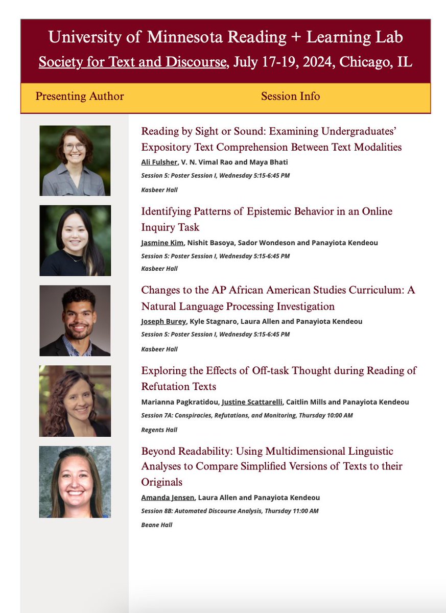 V_K_Johnson's tweet photo. Excited to share all of the work coming from the Reading + Learning Lab at #TextDiscourse2024 this week! @Kendeou @rinaharsch @JKim00002 @josephburey @iamyewonkang @MPagkratidou @RaoVNV @Laura_K_Allen @JKBye https://t.co/iKBFcZGUxU