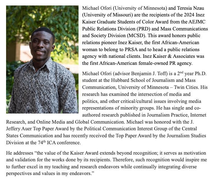 We're happy to announce our winners of the PRD-MCSD Inez Kaiser Graduate Students of Color Award: Teresia Nzau ( University of Missouri) and Michael Ofori (University of Minnesota)!