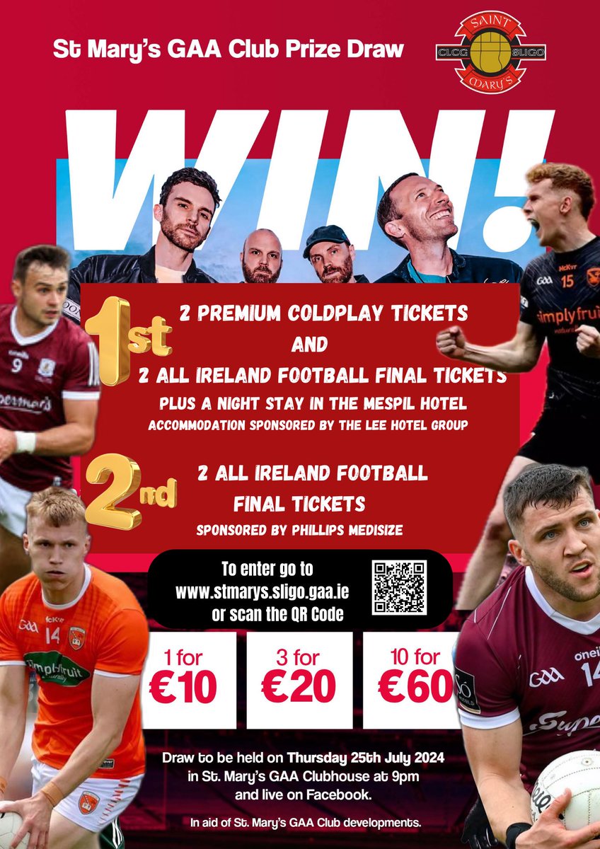 🔴⚫ NEWSFLASH - 2nd Prize Added 🔴⚫

With thanks to our main club sponsor Phillips Medisize we have now added a 2nd prize to our Prize draw of 2 All Ireland Football Final Tickets 🎫

St Mary’s GAA club wants to give you the chance to WIN two premium tickets to 𝐂𝐎𝐋𝐃𝐏𝐋𝐀𝐘