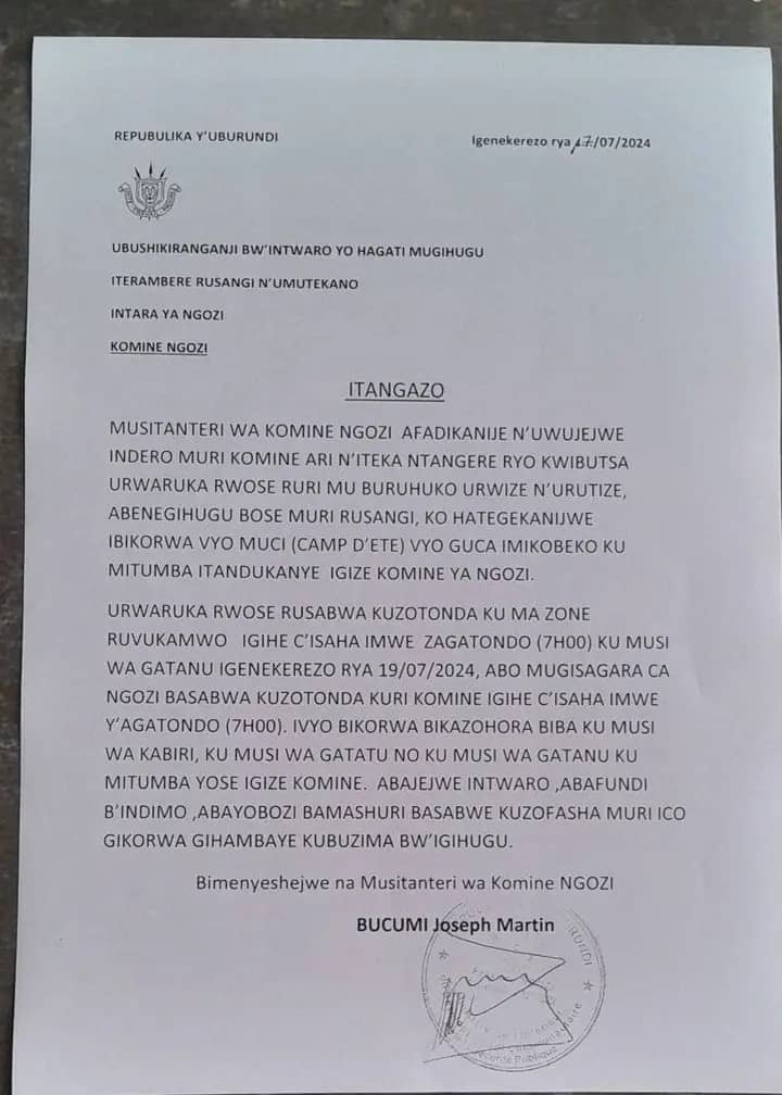 menyanibimedia's tweet photo. Urwaruka ruri m'uburuhuko rusabwa gukora ibikorwa vyo muci i @NgoziProvince nk'uko biri mw’itangazo ryasohowe na musitanteri wa komine #Ngozi afadikanije n'uwujejwe indero muri iyo komine kur'uyu wa17 Mukakaro 2024.
✍🏿 Gloria Ingabire 
@menyanibimedia 
@NtareHouse 
@BurundiGov https://t.co/b9IlWAbfPf