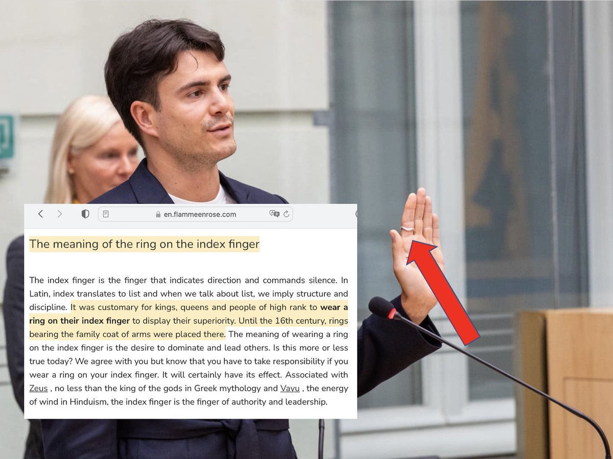 "King Conner" legt de eed af in het Vlaams parlement met een ring rond zijn linker wijsvinger.  Een symbool dat tot de 16° eeuw alleen voorbestemd was voor koningen of lieden uit de hoogste rangen van de samenleving. 
Het is de wijsvinger die de mensen gebiedt. 

Zo heeft u