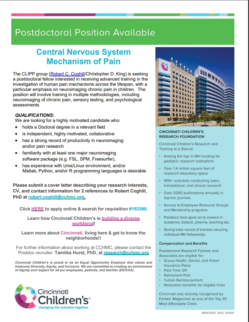 Postdoctoral position in neuroimaging of pain.