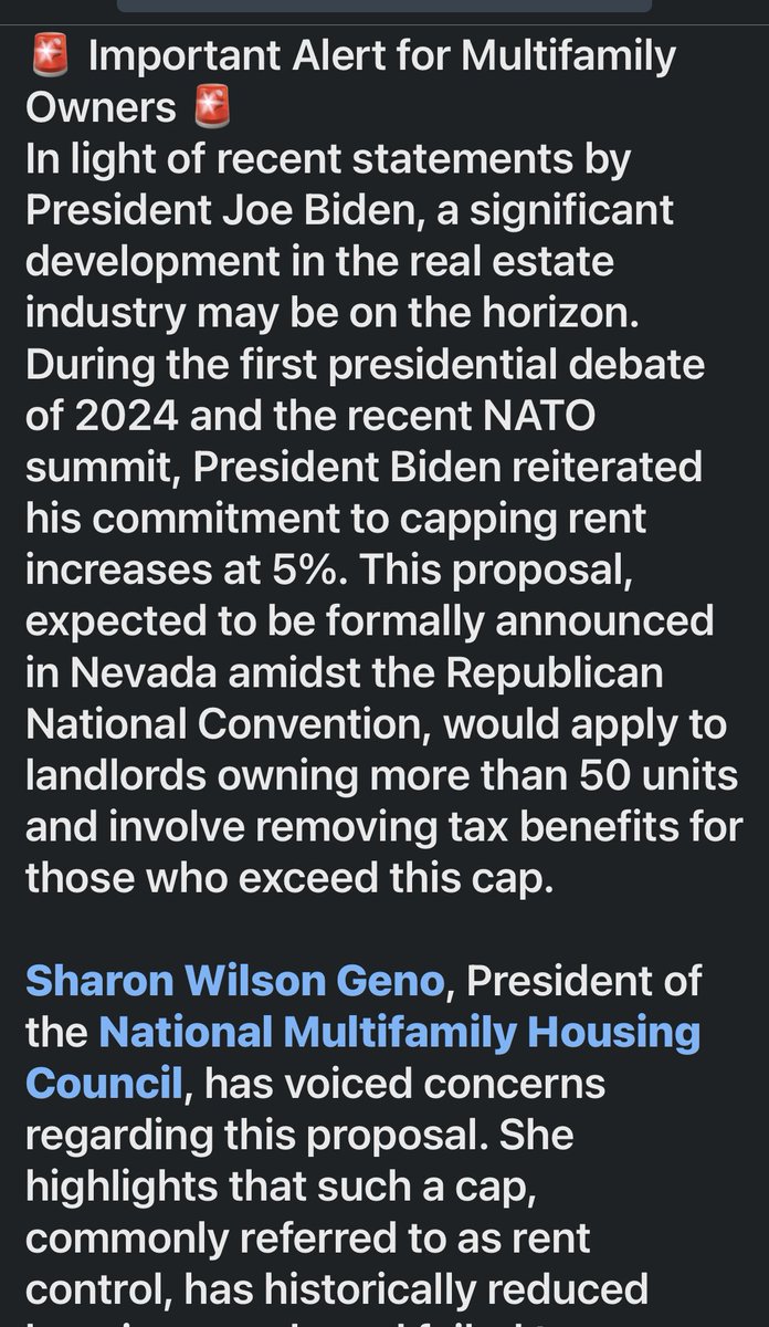 chezeider's tweet photo. Multifamily Owners:
Biden proposes a 5% rent cap for landlords w/50+ units, removing tax benefits for violators. NMHC @ApartmentWire warns this reduces housing supply. The Housing Solutions Coalition says focus on expanding housing, not controlling rents.
#RealEstate #RentControl https://t.co/fkvD2AdkXc
