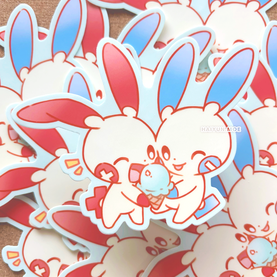haiyunee's tweet image. summer plusle minun keychains, stickers, and magnets are up in my shop!! the keychains are glittery and have a gradient effect🍦✨