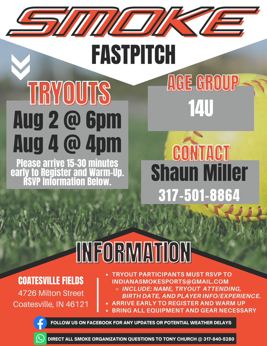🥎INDIANA SMOKE 14U Fastpitch tryouts are on August 2nd and 4th. See the flyer below for more information.🥎